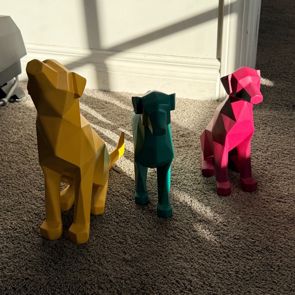 Set‎ of 3 Geometric Dog Figurines Modern Low Poly Resin Statues Yellow Teal Pink